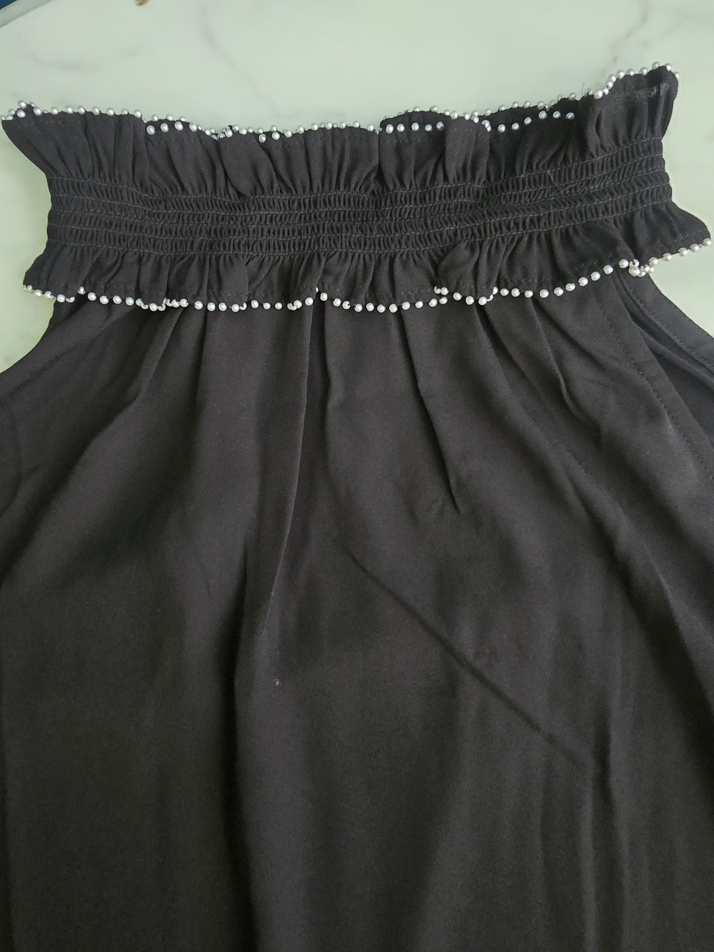 Ann Taylor Black Petite Halter Camisole with Beaded Ruffle Neck PM